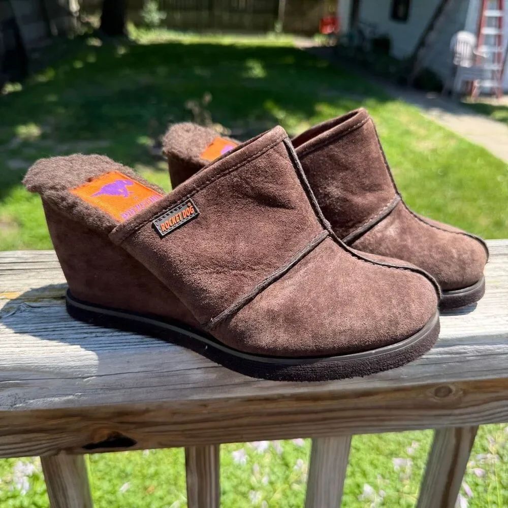 Y2K Rocket Dog Brown Faux Suede Wedge Mule Slippers Women’s Size 7